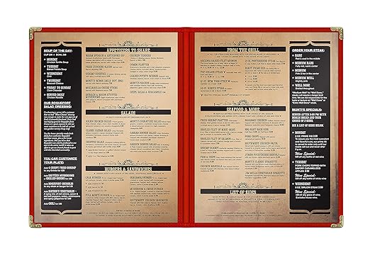 Goodsmart Restaurant Menu Covers - 25 Pack Red 2-Page/4-View 8.5" x 11", Side-Loading Vinyl Menu Holders, Clear Sleeves, Double-Stitched Edge, Leather-Style Café Menu Covers with Gold Corners