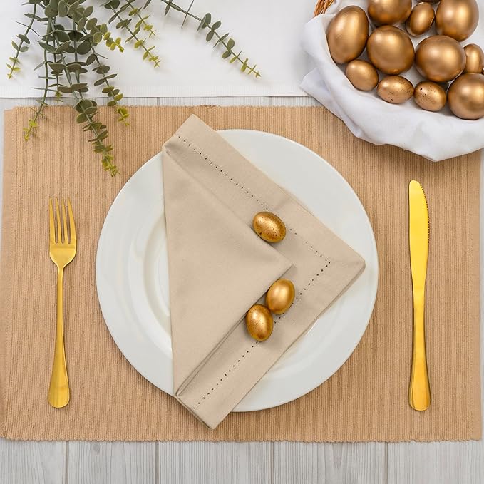 Blue Needles Set of 6 Hemstitch Linen Napkins 100% Cotton Beige Cloth Dinner Napkins 18x18 inches, Soft, Reusable, Absorbent, Washable, Ideal for Fall Thanksgiving Events, Parties & Everyday Use