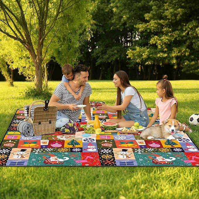 Poedist Extra Large Picnic Blanket Waterproof,80"x 80"Foldable Machine Washable Beach Blanket,Outdoor Blanket for 6-8 Adults,Suitable for Crawling,Park Beach,Camping,Hiking,Family, Christmas