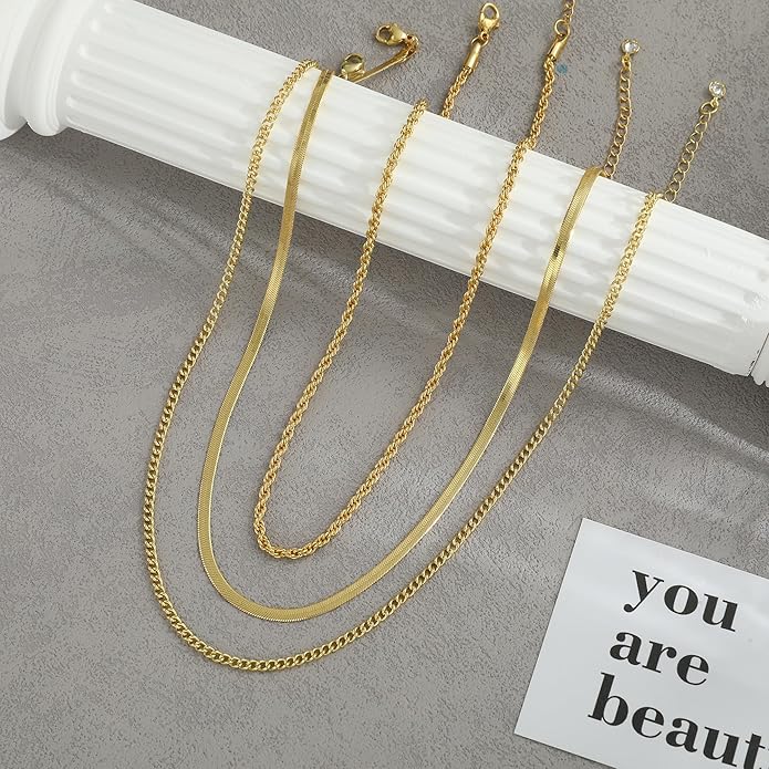 Gold Layered Necklaces for Women, 14K Gold Plated Dainty Gold Chain Choker Necklace Stack, Herringbone Gold Necklaces Set