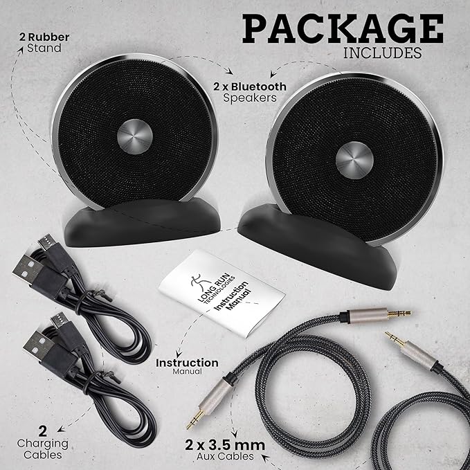 Bluetooth Speaker Set: Wireless Stereo Dual Pairing Portable Twin TWS System With Big Rich Bass Hi-Fi Multi-Room Indoor Outdoor Use Home Deck Pool Work Travel Party Camping Gift Decor Idea (Chrome)