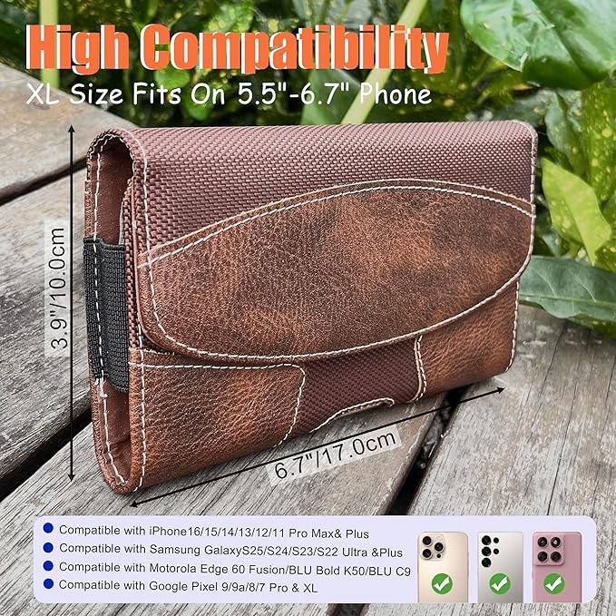 Leather Phone Holster for Men with Belt Clip, Cell Phone Holder for iPhone 17/16/15/14/13/12/Pro Max & Plus,Galaxy S25/24/23 Ultra & Plus,S24 FE,Belt Pouch Case Magnetic Closure (Brown-XL)