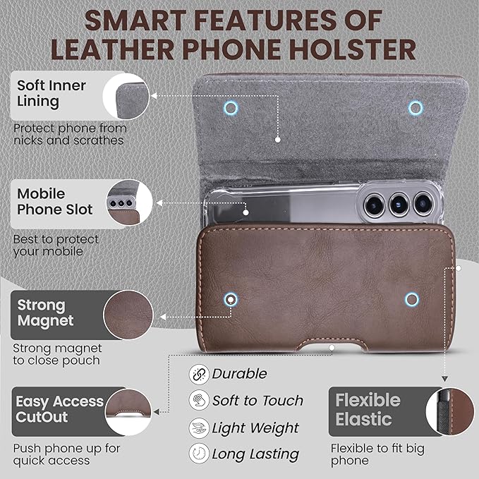 Phone Holster for Men & Women, Horizontal Cell Phone Case, Fits iPhone 17/16/15/14/13/12 Pro Max, Belt Clip/Loop Carrying Phone Pouch Holder, Brown X-Large