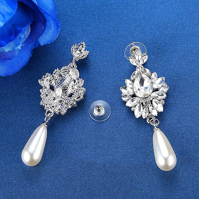 mecresh Flower Teardrop Bridal Wedding Dangle CZ Earrings in Silver/Gold Tone for Women Girl Bride Gift …