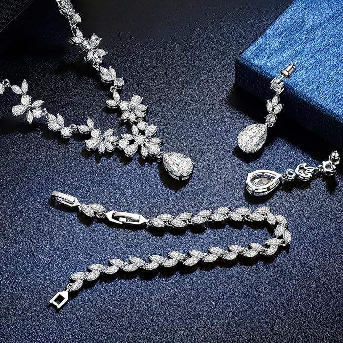Wedding Jewelry for Bride, Silver Bridal Necklace Earrings Bracelet Set with Clear Cubic Zirconia, Bridemaids Jewelry Set for Wedding, Crystal Wedding Party Jewelry Set for Women Girls