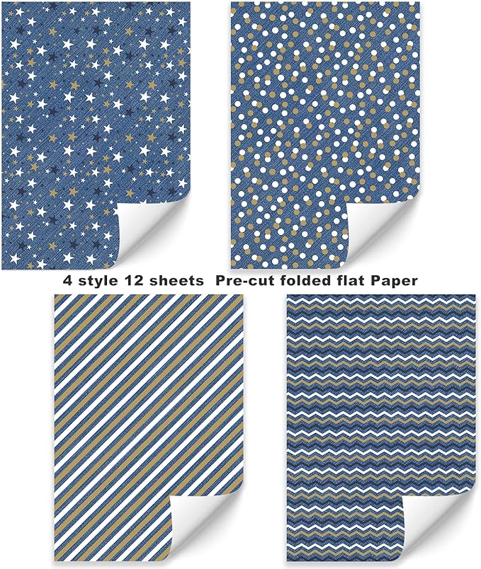 PlandRichW Denim Blue Wrapping Paper Folded for Man Boys Girls Birthday, Vintage Blue Gift Wrap for Father's Day, Christmas, Wedding, Party Holiday, Pre-cut 12 Sheets Each 20" X 29"