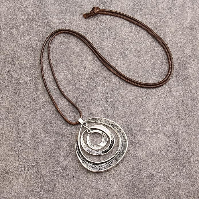 GelConnie Boho Necklaces for Women Vintage Silver Circles Long Pendant Necklace Cowgirl Sweater Necklace Adjustable Leather Choker Necklace for Women