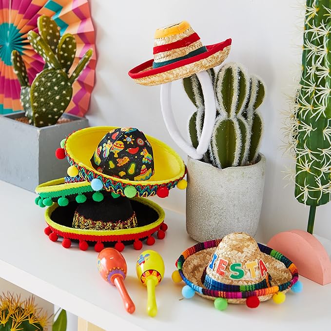 JOYIN 6 PCS Cinco De Mayo Fiesta Fabric and Straw Sombrero Hat Party Costume for Fun Fiesta Headbands Party Supplies, Mexican Theme Decorations, Luau Event Photo Props and Party Favors
