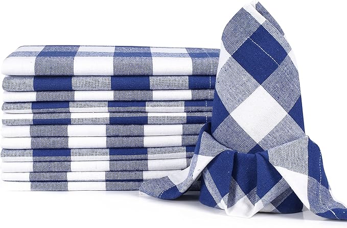 LFH Home 100% Cotton Cloth Reusable Dinner Napkins Set of 12 Washable Soft Decorative Buffalo Plaid Gingham and Checkered Table Napkins for Holidays Wedding Farmhouse Decor 18x18 Inch - Blue & White