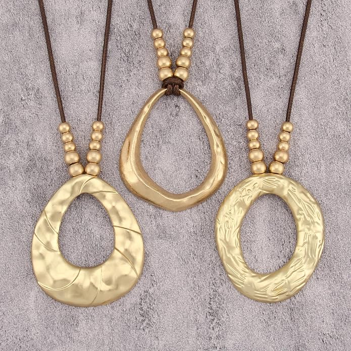 Boho Leather Necklace Women Bohemian Brown Circle Pendant Necklace Choker Long Necklaces for Women Boho Ring Large Pendant