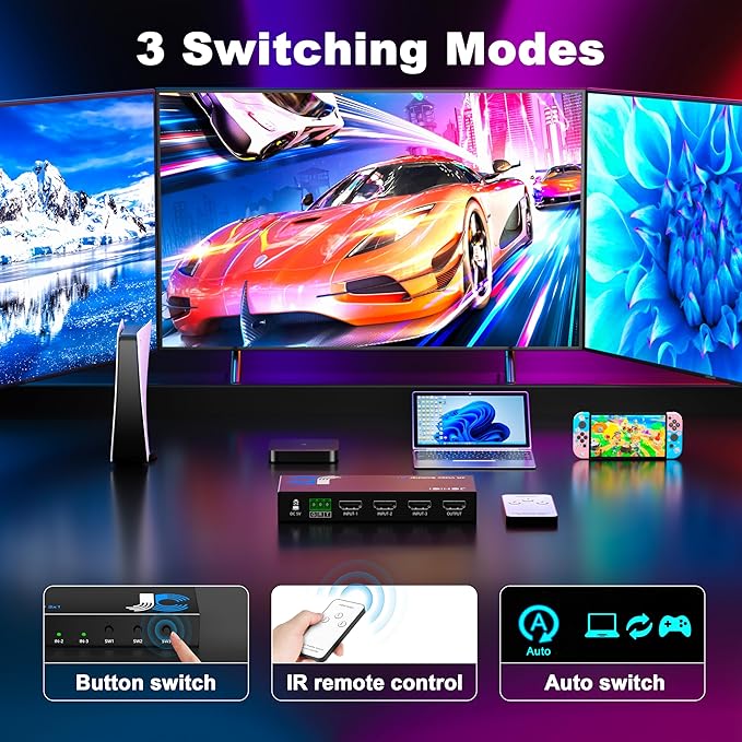 HDMI Switch 3 in 1 Out 4K@60Hz, 3 Ports HDMI Switcher Selector with Remote, Support HDCP 2.2 HD R 10+ Dolby Vision/Atmos 18Gbps CEC for Apple TV Game PC PS4 5 Pro Xbox Roku
