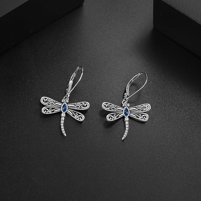 ONEFINITY Dragonfly Earrings 925 Sterling Silver Moonstone Leverback Dragonfly Dangle Drop Earrings Women Jewelry Gifts