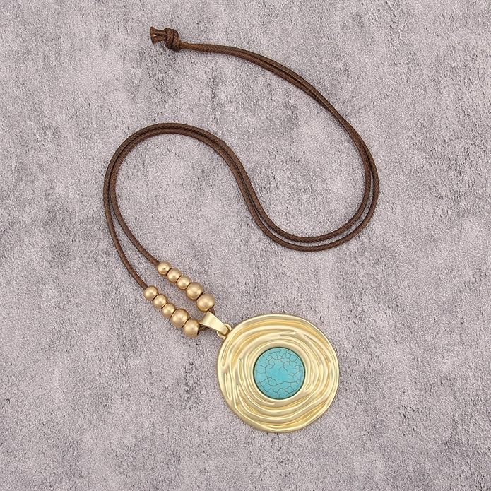 Boho Leather Necklace Women Bohemian Brown Circle Pendant Necklace Choker Long Necklaces for Women Boho Ring Large Pendant