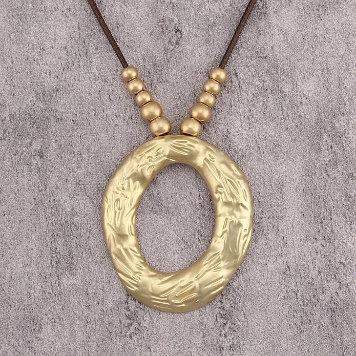 Boho Leather Necklace Women Bohemian Brown Circle Pendant Necklace Choker Long Necklaces for Women Boho Ring Large Pendant