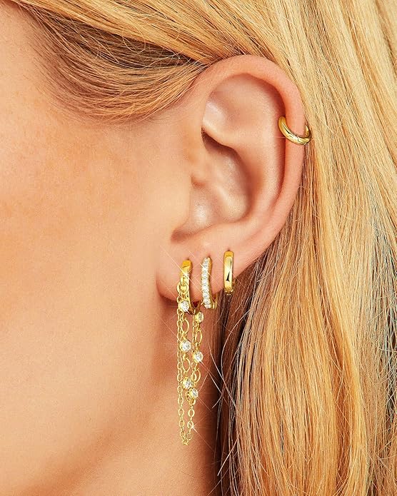 Tassel Chain Small Gold Hoop Dangle Earring For Women Huggie Earring Heart Star CZ 14K Gold Plated Fashion Jewelry Friendship Gift