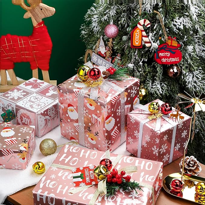 WRAPAHOLIC Christmas Wrapping Paper Set - Rose Gold Santa and Reindeer with Metallic Foil Shine Wrapping Paper Bundle with Gift Bow & Ribbon & Tag & Sticker