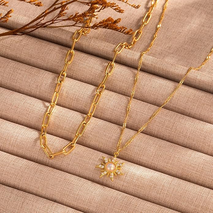 CHESKY Layered Necklaces for Women Trendy, Dainty 14k Gold Plated Pendant Necklace Layering Necklace for Women Non Tarnish Hypoallergenic Sun Gold Necklace Stack Gold Jewelry for Women Gifts