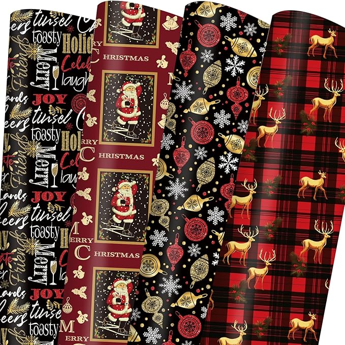 Vnaaem Vintage Christmas Wrapping Paper Red Black Gift Wrap Christmas Text Bufflao Plaid and Reindeer Design for Holiday Party Celebration - 20 X 28Inches Per Sheet(8 Pack)