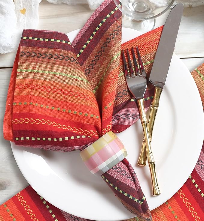 Homidate Cotton Cloth Dinner Napkins Set of 12 – 18x18 Salsa Red Multi Stripes – Reusable Machine Washable Fabric Napkins for Weddings, Events, Restaurants & Daily Dining