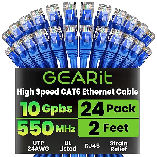 GearIT Cat 6 Ethernet Cable Pack - 24-Pack 2 ft Cat6 Ethernet Patch Cables | RJ45 Network Patch Cable, 10 Gbps Snagless Gold-Plated Connectors - Ethernet Cable Cat 6 for PC, TV, Router - Blue