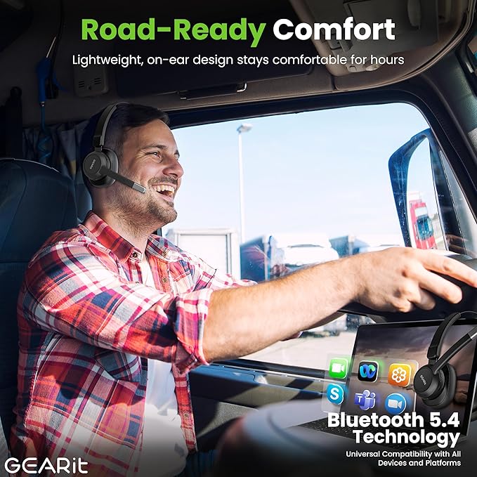GEARit Wireless Bluetooth Headset with Mic - Multipoint Dual Connect, Noise Cancelling Trucker Headset for Phone Calls - All-Day Talk Time - Headphone with Microphone & Mute Button for Office Work