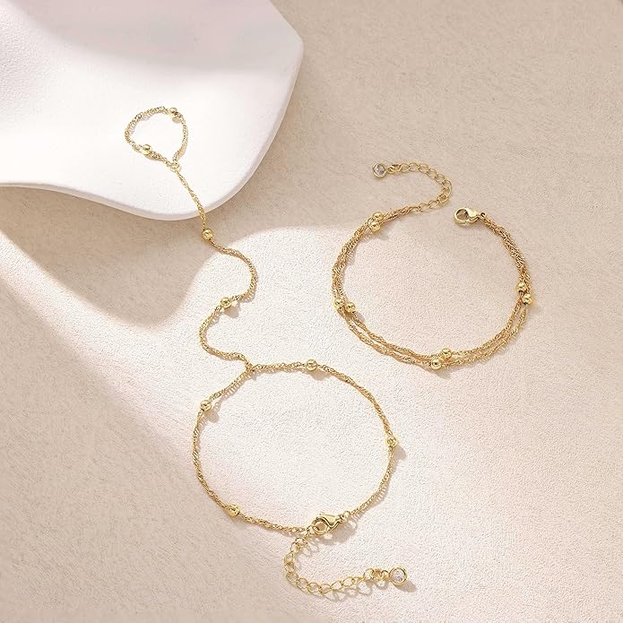 Valentine Gift 14K Gold Plated Hand Chain Bracelet for Women Trendy, 2 Pcs Stackable Gold/Silver Finger Ring Bracelet Hand Chain Dainty Non Tarnish Waterproof Set Jewelry Adjustable 7'+2
