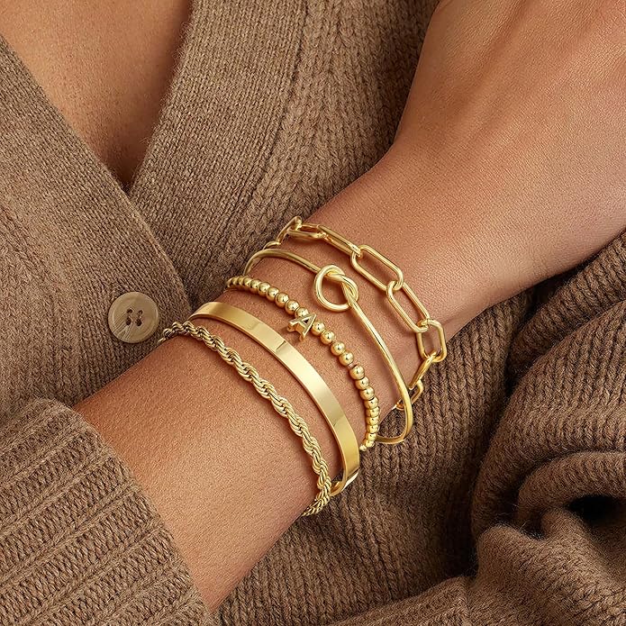 Turandoss Valentines Gifts for Her Girls, Dainty 5PCS 14K Gold Plated Initial A-Z Beaded Stretch Bracelet Chunky Gold Cuff Knot Twisted Rope Paperclip Bracelet Set Stack Jewelry Gifts for Women Girls