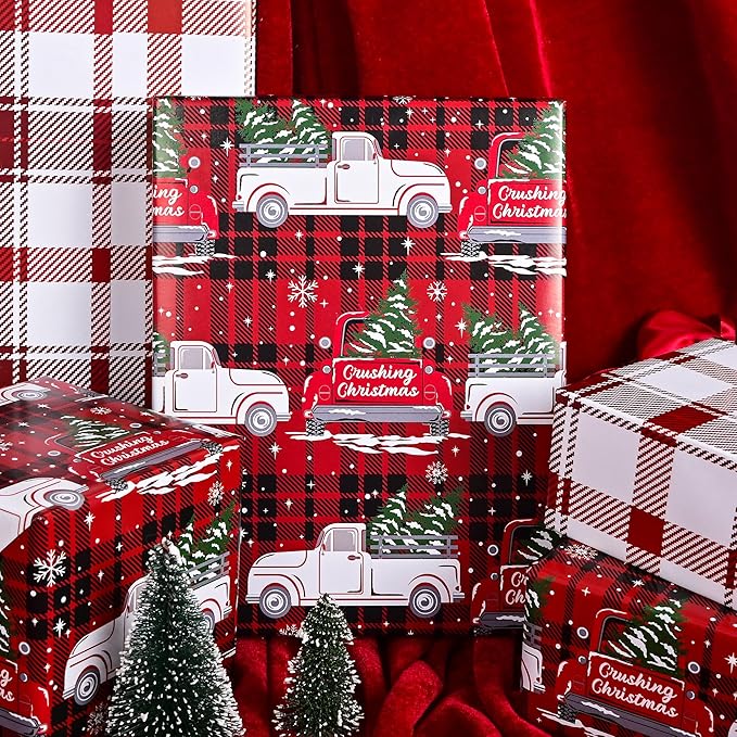 Vnaaem Funny Christmas Wrapping Paper Roll for Adult Men Women - Red Black Buffalo Plaid Xmas Truck Crushing Christmas Gift Wrap Sheets for Holiday, Baby Shower, Party Supplies(Total 28.5sq.ft)