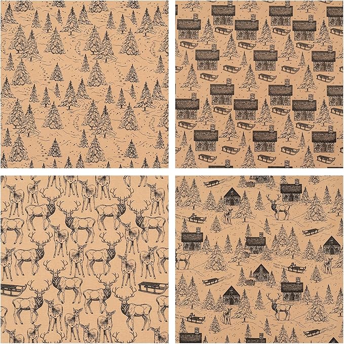 RUSPEPA Kraft Wrapping Paper Rolls - 17 inches x 10 feet per Roll, Total of 4 Rolls, Black Sketch Design