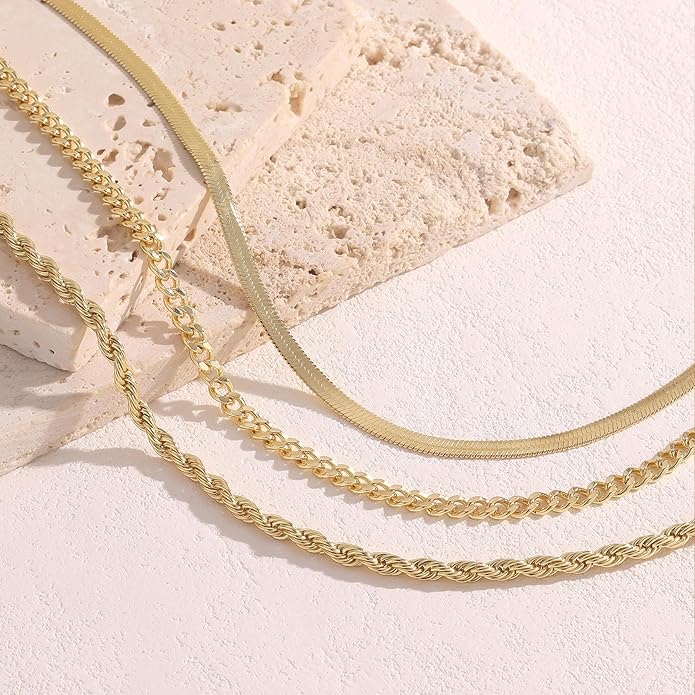 Evabelle Gold Layered Necklace for Women Trendy Jewelry 14K Real Gold Plated Chunky Chain Stackable Necklaces Dainty Choker Necklaces Rectangle Square Pendant