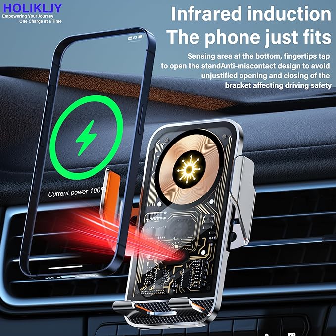 Wireless Car Charger Holder, 15W Fast Charging Car Phone Holder Charger Auto-Clamping 360° Rotation Adjustable Air Vent Phone Mount Car Charger with Luminous Logo for iPhone 16 15 14 13 S24 S23 S22