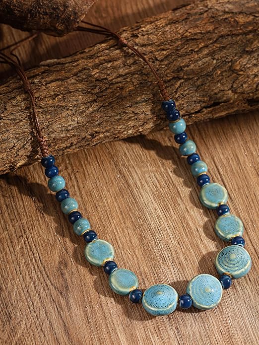 MINACHI Boho Hippie Round Ceramic Beads Strand Necklace, Vintage Bohemian Summer Beach Jewelry Gift for Women