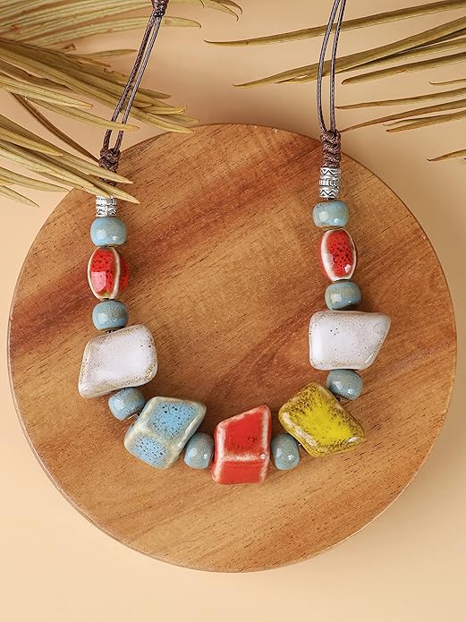 MINACHI Bohemian Hippie Colorful Ceramic Geometric Bead Strand Necklace, Vintage Boho Statement Jewelry Gift for Women