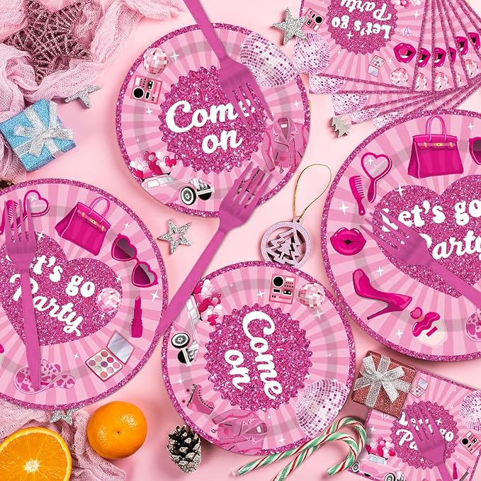 96PCS Let's Go Party Plates and Napkins Party Supplies Hot Pink Girls Party Decorations Baribe Themed Disposable Paper Tableware Set Serves 24 Guests