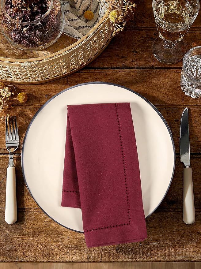 Palisa Cloth Dinner Napkins with Hemstitched Detailing & Mitered Corners Set of 12 (18x18 Inches) Burgundy - Cotton Reusable Dinner Napkins - Perfect for Weddings & Everyday Use