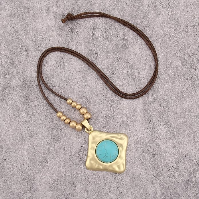 Boho Leather Necklace Women Bohemian Brown Circle Pendant Necklace Choker Long Necklaces for Women Boho Ring Large Pendant