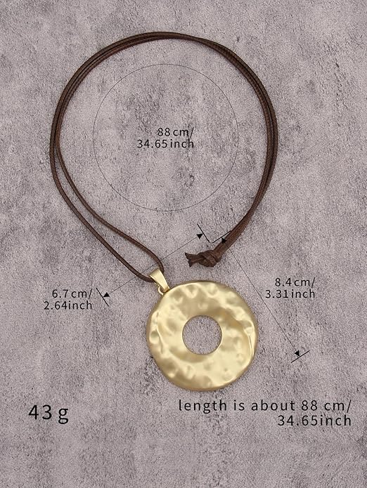 Boho Leather Necklace Women Bohemian Brown Circle Pendant Necklace Choker Long Necklaces for Women Boho Ring Large Pendant
