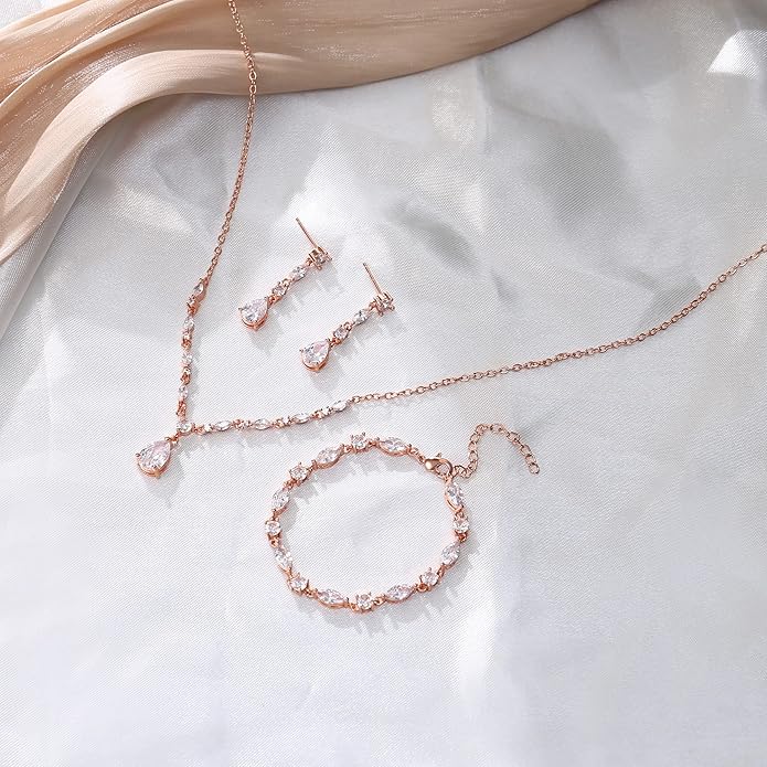 Crysdue Teardrop Bridal Jewelry Set for Wedding Party, Silver/14K/Rose Gold Plated Prom Costume Jewellery for Bride Bridesmaids Women, Cubic Zirconia Necklace Dangle Earrings Bracelet