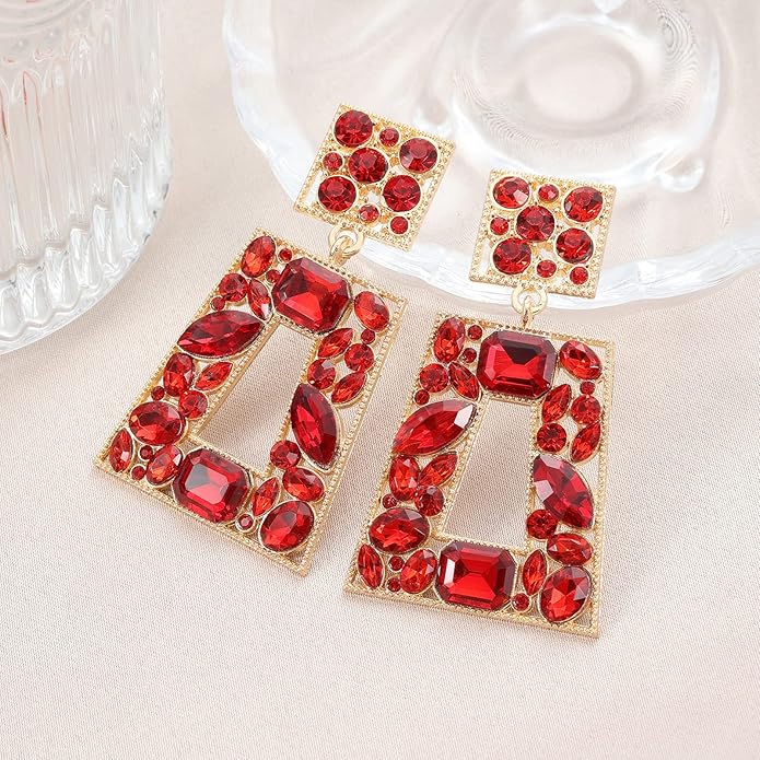 Rhinestone Rectangle Statement Earrings Colorful Crystal Geometric Drop Dangle Earrings for Women Prom Party