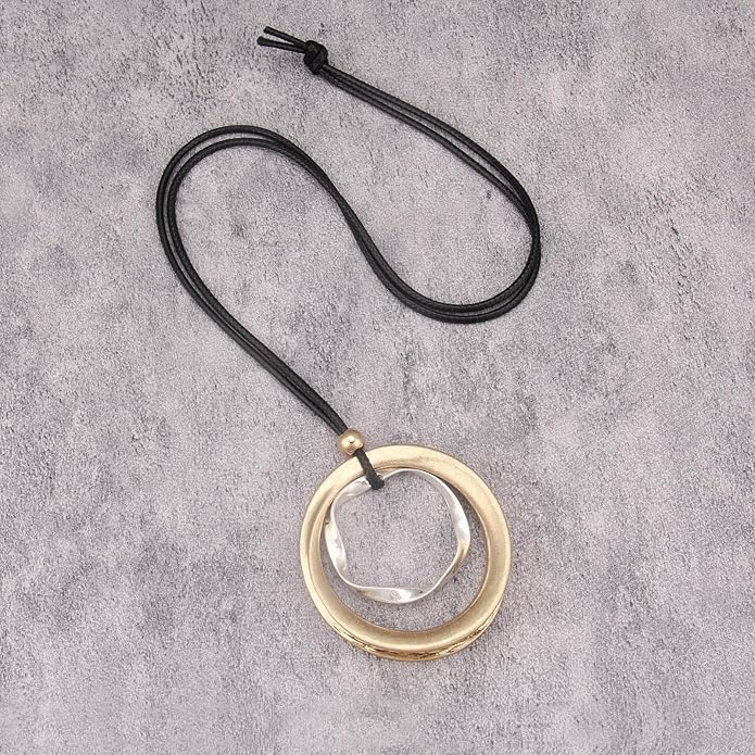 Boho Leather Necklace Women Bohemian Brown Circle Pendant Necklace Choker Long Necklaces for Women Boho Ring Large Pendant
