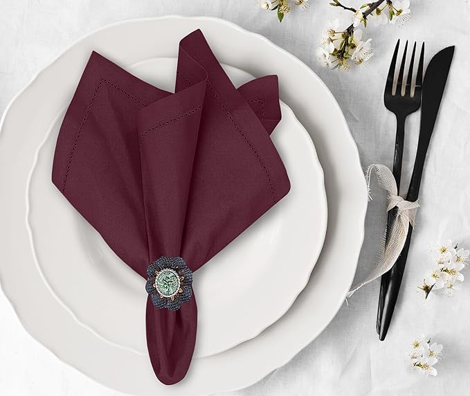 Ruvanti Premium Linen Napkins Set of 12-20x20 Inch, Classic Hemstitch, Mitered Corner Cloth Napkins ‎‎- Soft, Elegant Dinner Napkins Cloth Washable for Weddings, Parties, Everyday Use - Burgundy