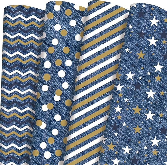 PlandRichW Denim Blue Wrapping Paper Folded for Man Boys Girls Birthday, Vintage Blue Gift Wrap for Father's Day, Christmas, Wedding, Party Holiday, Pre-cut 12 Sheets Each 20" X 29"