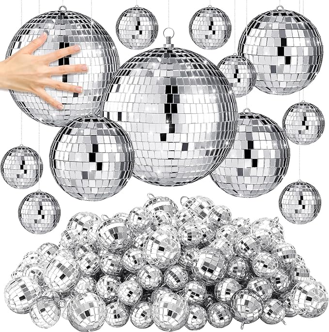 65 Pcs Disco Balls Decorations Assorted Size Disco Ball Ornament Reflective Hanging Mirror Ball Mini Large Silver Balls for Christmas Party Wedding Dance Ballroom Stage(8/6/ 4/2/ 1.2 in)
