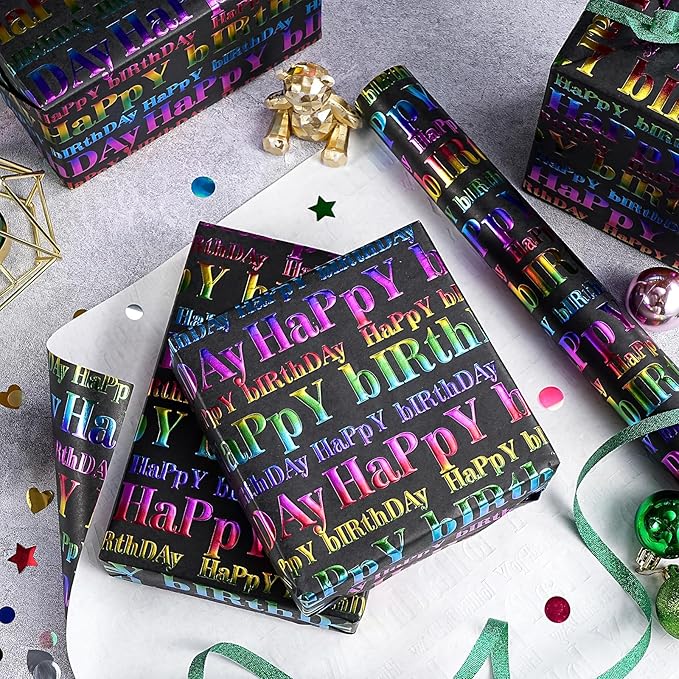 WRAPAHOLIC 3D Kraft Birthday Wrapping Paper Roll - Mini Roll - 17 Inch x 16.5 Feet - Black and Colorful Foil Happy Birthday Wrapping Paper with Embossed for Kids Boy Girls, Baby Shower