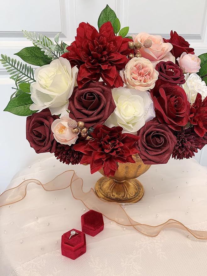 Roses Artificial Flowers Red Bouquet Box Set Fake Flower for DIY Bridal Wedding Shower Decorations Centerpieces for Table Faux Silk Floral Arrangement for Party Home Decor Indoor Burgundy