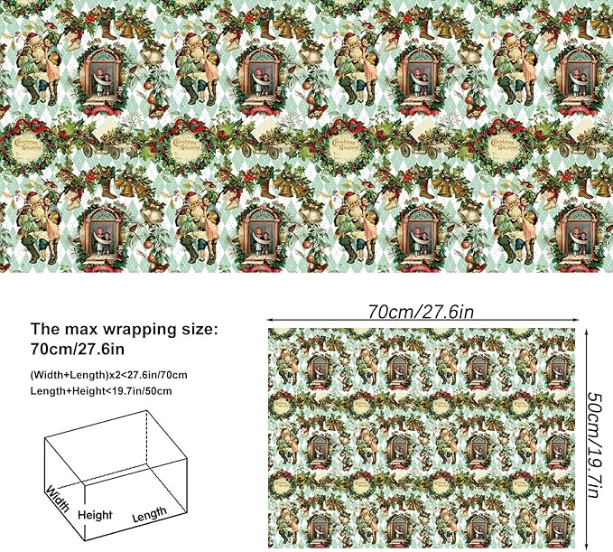 Vnaaem Vintage Christmas Wrapping Paper Retro Santa Claus Balloon Bell Gift Wrap Paper Bulk Xmas Folded Flat for Christmas Holiday Party Celebration - 20 X 28Inches Per Sheet(8 Pack)