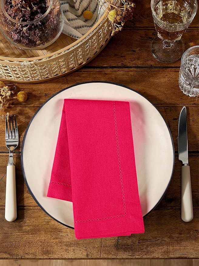 Palisa Cloth Dinner Napkins with Hemstitched Detailing & Mitered Corners Set of 12 (18x18 Inches) Hot Pink - Cotton Reusable Napkins for Easter Basket Decor, Table Linen for Weddings & Everyday Use