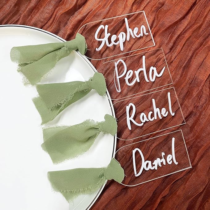 10Pcs Acrylic Place Card for Wedding Clear Transparent Acrylic DIY Table Seating Cards Wedding Supplies with Green Ribbon