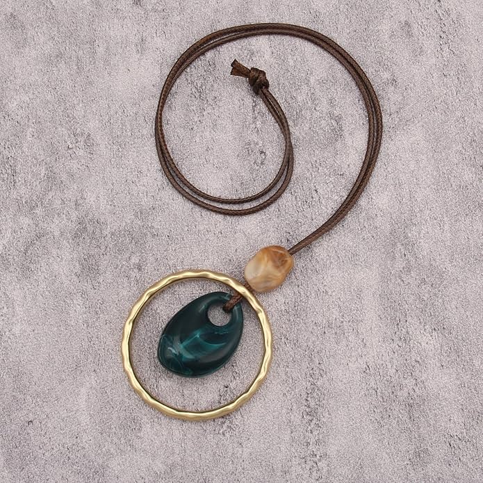 Boho Leather Necklace Women Bohemian Brown Circle Pendant Necklace Choker Long Necklaces for Women Boho Ring Large Pendant
