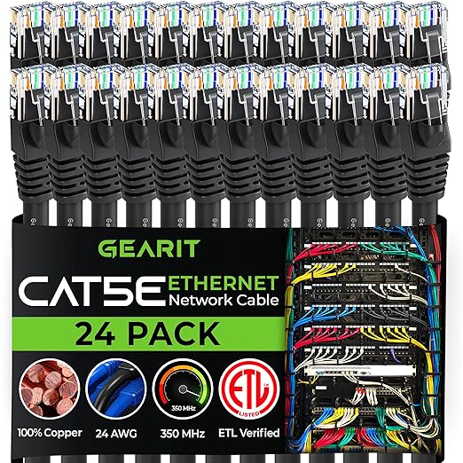 GearIt 24-Pack, Cat5e Ethernet Patch Cable 10 Feet - Snagless RJ45 Computer LAN Network Cord, Black